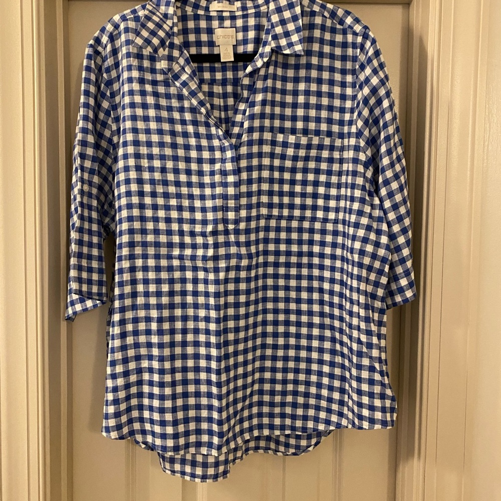Chico's 100% size 4 Linen Blue and White Plaid Shirt with 3/4 Sleeves